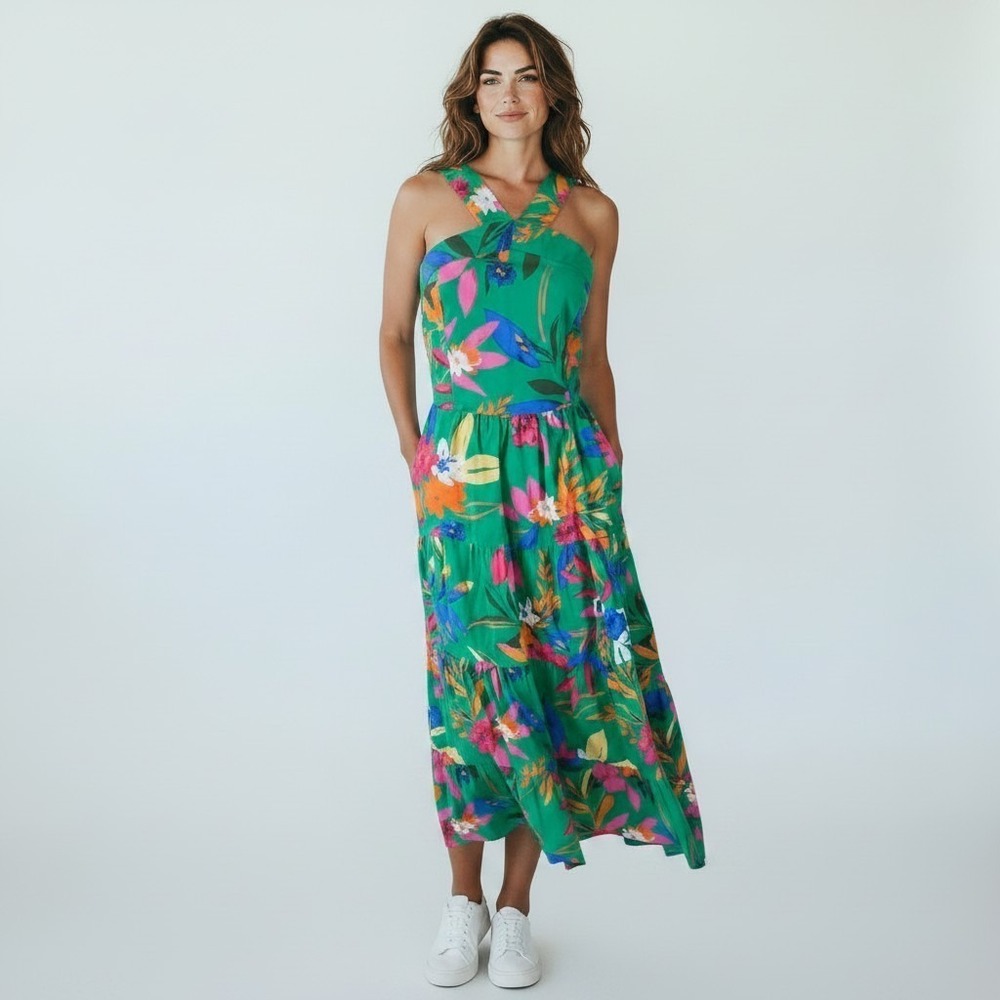 J.Crew Green Tropical Floral dopamine Resortwear festival tiered maxi dress 4